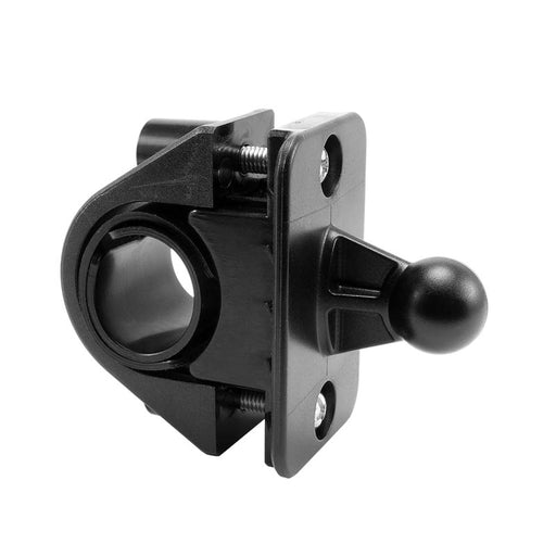 A black plastic and metal handlebar mount for Garmin nuvi 40, 50, 200, 2013, 24x5, and 25x5 GPS units; features a ball joint on one side and a cylindrical clamp to attach securely to bike or motorcycle handlebars.