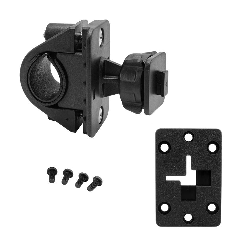 The Bike or Motorcycle Handlebar Mount for XM and Sirius Satellite Radio includes a black plastic clamping ring, rectangular 4-Hole AMPS adapter plate with Single T-Slot mounting, and four screws, shown on a white background.