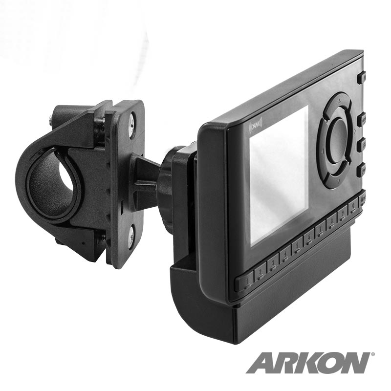 The Arkon Bike or Motorcycle Handlebar Mount for XM and Sirius Satellite Radio features a black adjustable arm, a rectangular control panel with buttons and display, the Arkon logo at bottom right, and supports the 4-Hole AMPS mounting pattern.