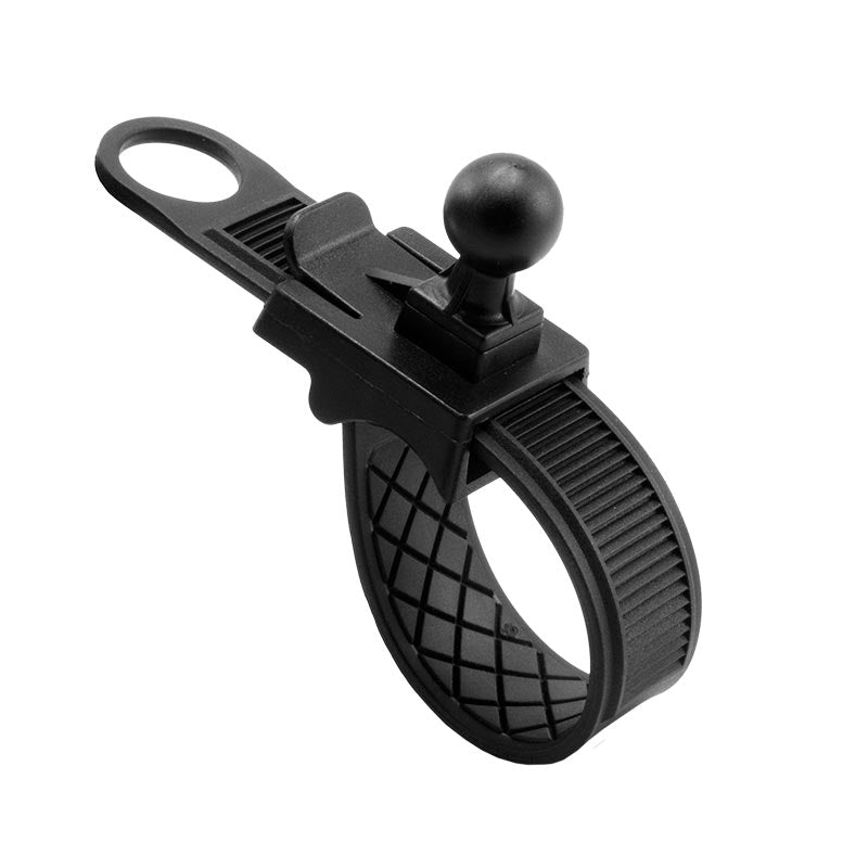 The Bike or Motorcycle Handlebar Strap Mount for Garmin nuvi 40, 50, 200, 2013, 24x5, and 25x5 GPS features a black adjustable plastic strap with a 17mm swivel ball mount for secure GPS attachment to handlebars or poles.