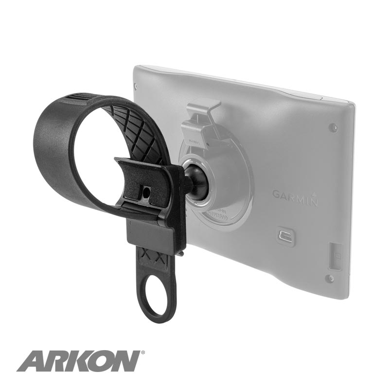 A Bike or Motorcycle Handlebar Strap Mount for Garmin nuvi GPS models is attached to the back of a Garmin device, showing their rear view. The Arkon logo appears in the bottom left corner.
