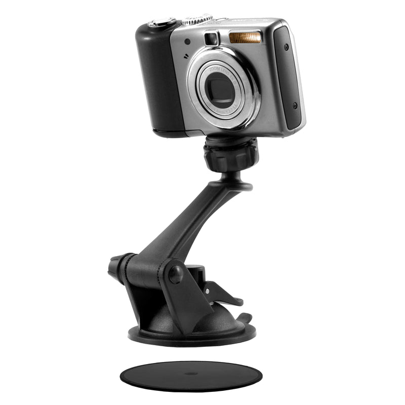 The Camera Holder with Sticky Suction Mount and Adhesive Disk is shown mounted on a black adjustable windshield stand, isolated on a white background.