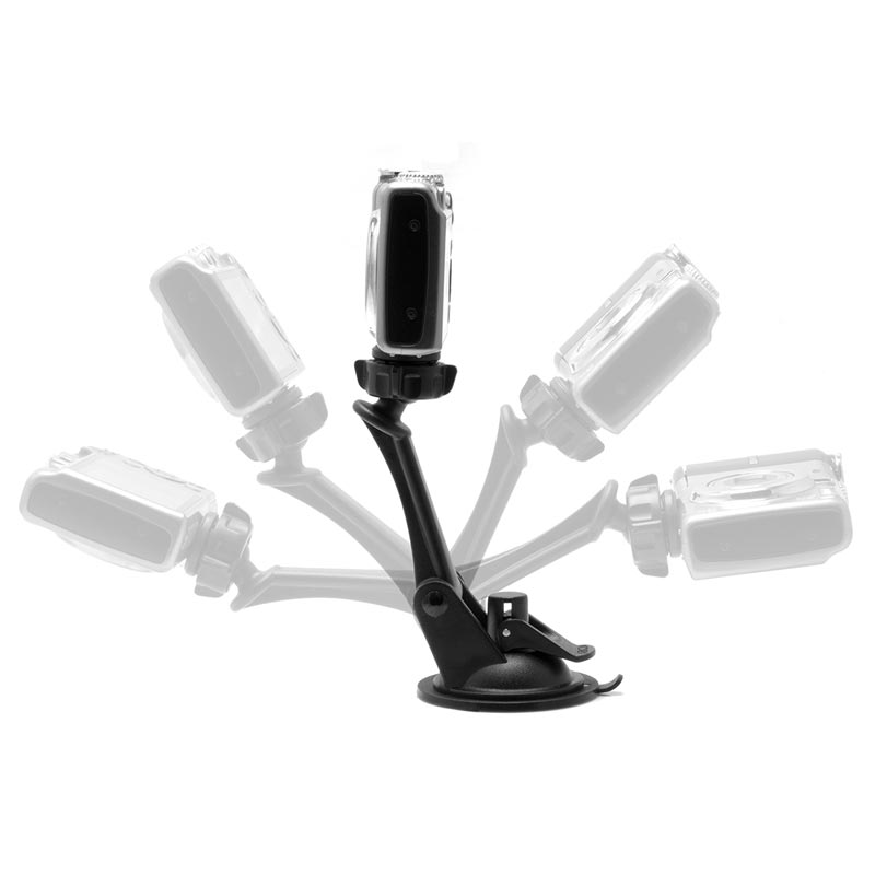 The Camera Holder with Sticky Suction Mount and Adhesive Disk secures a small camera, shown at different angles to highlight its adjustable design. The black holder is set against a white background.