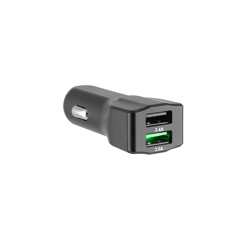 The Car Charger with Quick Charge 3.0 and USB A Ports is a black charger featuring two USB A ports—one Quick Charge 3.0 and one 2.4A—shown against a white background.