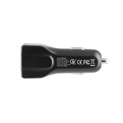 The Car Charger with Quick Charge 3.0 and USB A Ports is black, shown from the side, with white labeling that showcases its technical specs, certification symbols, and highlights its fast charging Quick Charge 3.0 capability.