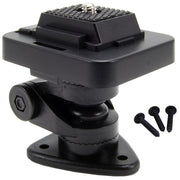 The Multi-Angle Adhesive or Drill Base Mount with Camera Mounting Pattern is shown in black, featuring an adjustable bracket with a 1/4-20 screw top and three matching black screws on a white background.