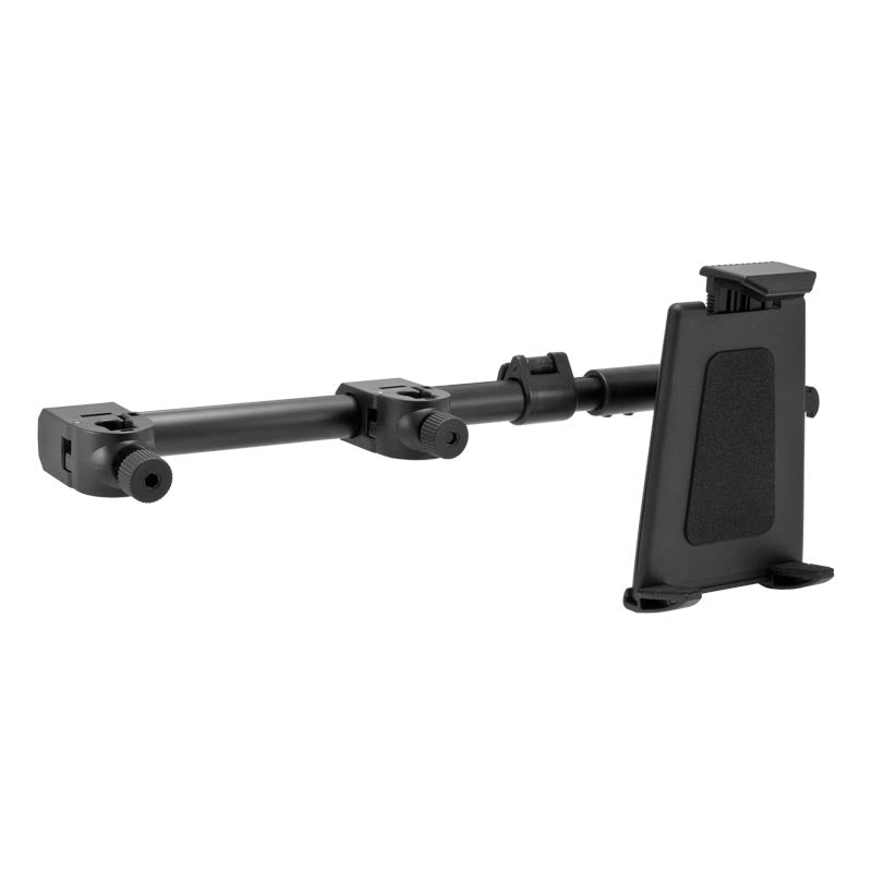 The Car Headrest Extension Tablet Mount for iPad, Note, and more features a black adjustable clamp mount, extendable arm, and padded grip for secure desk or table use. It also attaches to car headrests for rear seat tablet entertainment on the go.