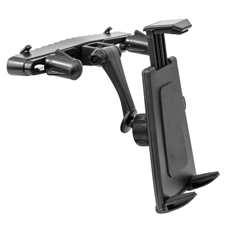 The Car Headrest Tablet Mount is a black, adjustable holder for tablets or smartphones with multiple joints and a secure clamp—ideal for backseat entertainment during long drives.