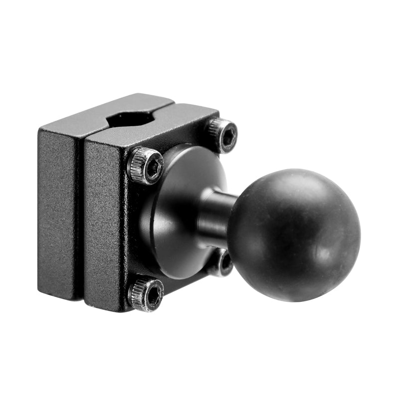 A close-up of the Car Headrest Mount Pedestal – 25mm (1 inch) Ball Compatible, a black metal clamp with four screws, designed for secure mounting on car headrests, isolated on white.