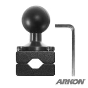 The Car Headrest Mount Pedestal - 25mm (1 inch) Ball Compatible features a black ball mount clamp with two screws and a hex hole, shown with an L-shaped hex key. Ideal for back seat setups. ARKON logo is in the bottom right corner.