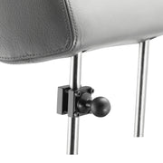Close-up of a gray car seat headrest with metal rods, featuring a Car Headrest Mount Pedestal - 25mm (1 inch) Ball Compatible attached to one rod.