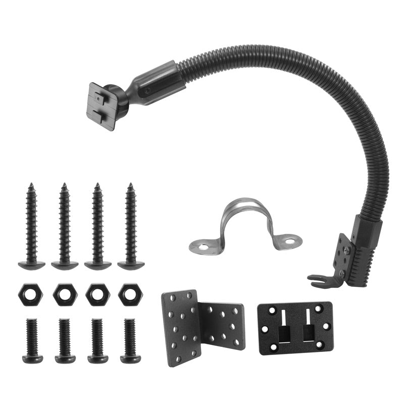 The 18 Seat Rail Mount with Dual-T Mounting Pattern features a flexible black metal arm, screws, nuts, mounting plates, and brackets neatly arranged on a white background.