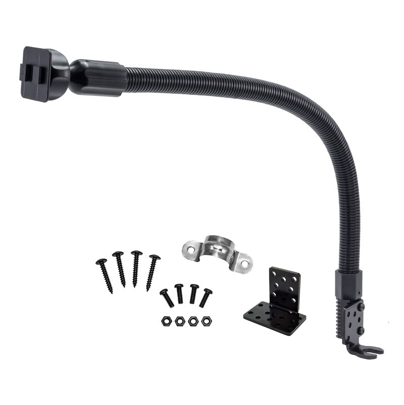 The Car or Truck Seat Rail Bolt or Floor Mount features a 22 flexible gooseneck arm in black with screws, nuts, a round clamp, and two metal mounting brackets—ideal for floor tablet mounting—displayed on a white background.