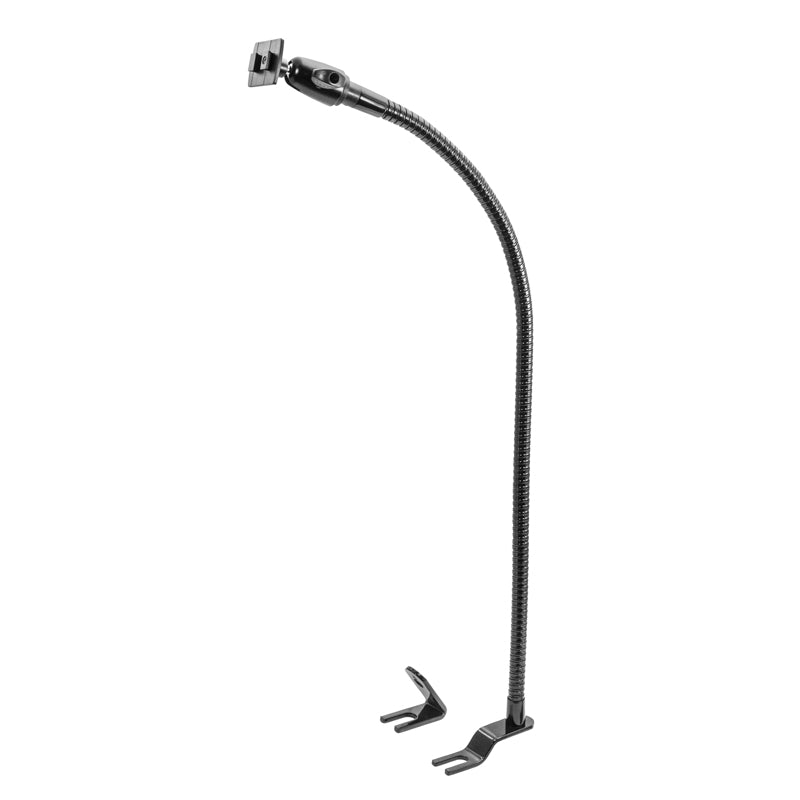 The Car or Truck Seat Rail Mounting Pedestal features a black, adjustable gooseneck with a sturdy forked metal base and clamp. It securely holds devices like phones or cameras with its dual-T compatible head.