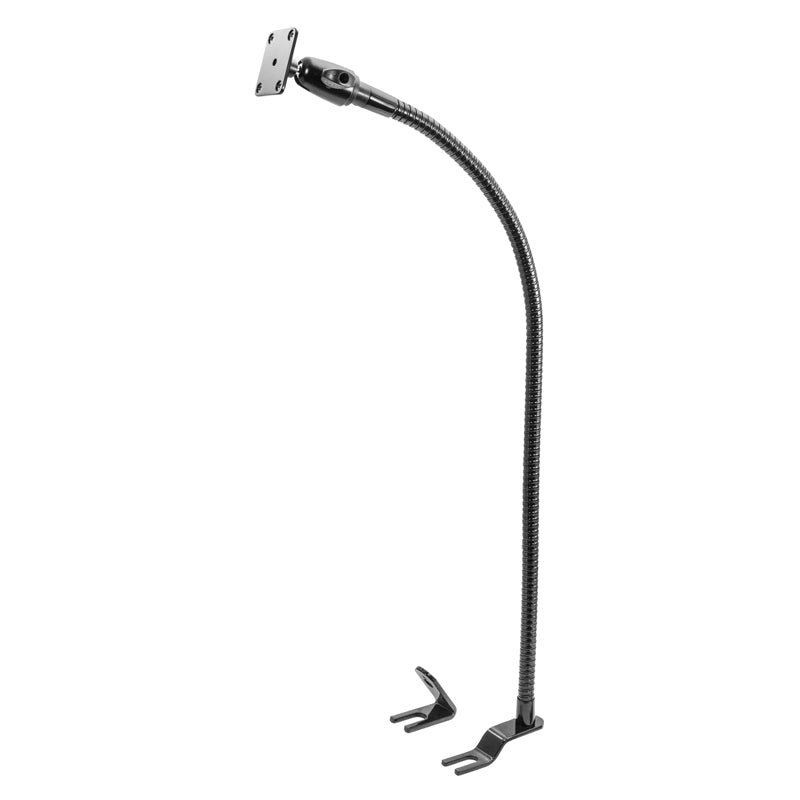 The Car or Truck Seat Rail Mounting Pedestal features a black gooseneck with a flexible, adjustable arm and 4-hole AMPS head, designed to attach securely to your vehicles seat rail.