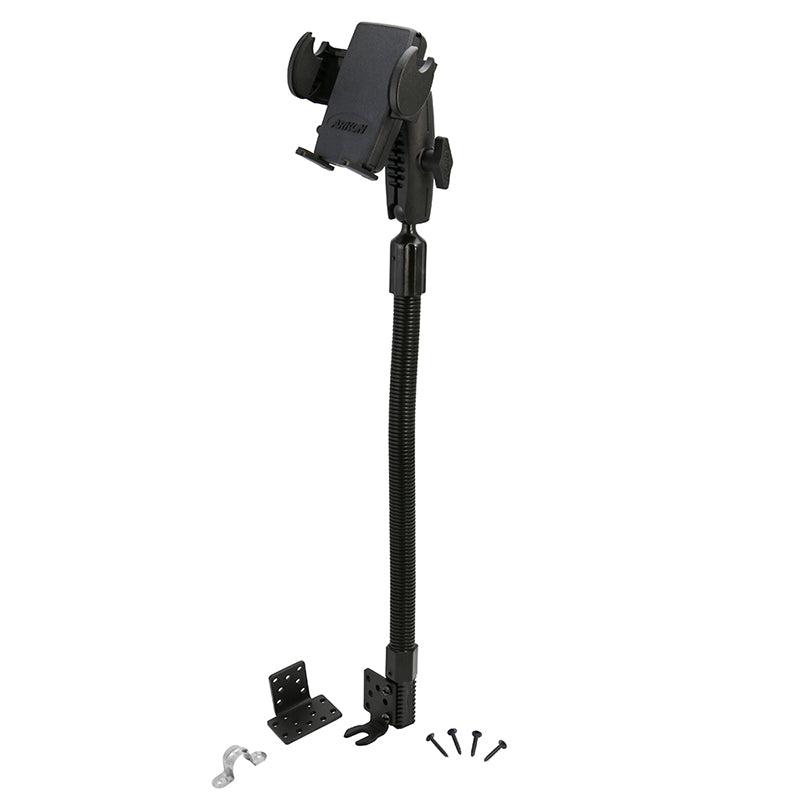 The Car or Truck Seat Rail or Floor Mega Grip™ Phone Holder Mount for iPhone, Galaxy, and Note is shown in black with a flexible gooseneck, mounting base, bracket, and four screws—ideal for secure in-car seat rail use.