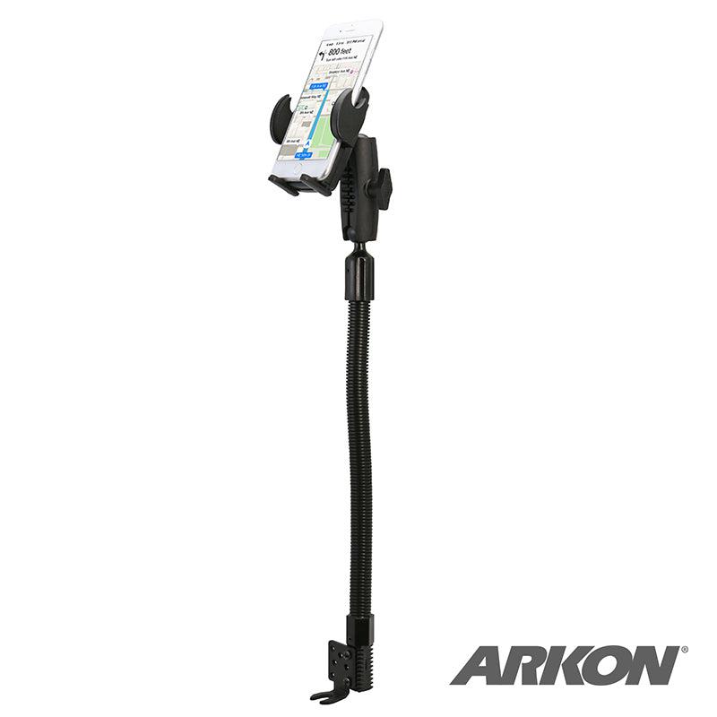 The Car or Truck Seat Rail or Floor Mega Grip™ Phone Holder Mount securely holds an iPhone, Galaxy, or Note with a flexible black gooseneck and clamp base; a map displays on the phone, and the Arkon logo appears in the bottom right corner.