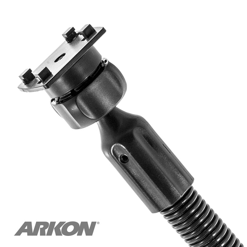 A close-up of the Car or Truck Seat Rail or Floor Mount - Herbert Richter iGRIP 4-Prong Compatible, featuring a black flexible holder with a square 4-Prong attachment plate and Arkon logo in the bottom left corner.