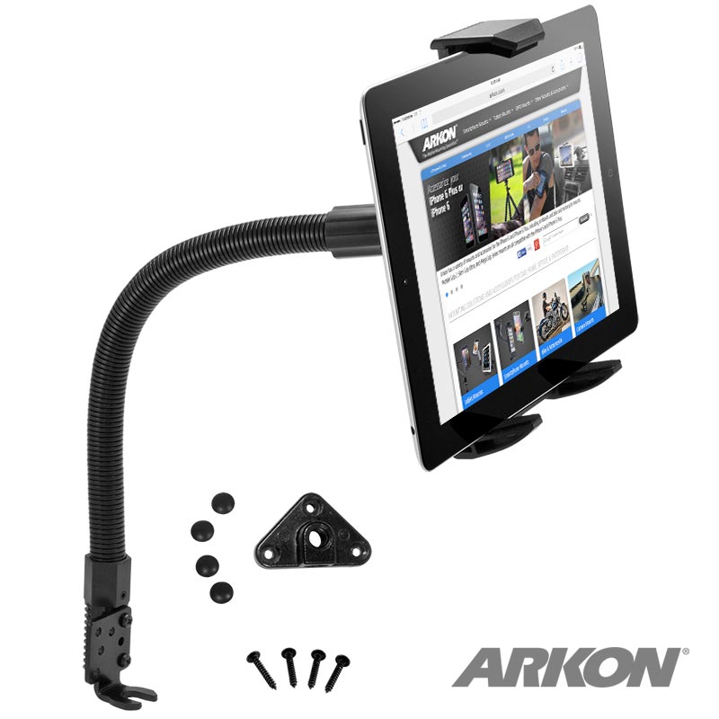 The Car or Truck Seat Rail or Floor Tablet Mount for iPad, Note, and more is shown with an attached tablet, mounting plate, screws, and hardware on a white background. The ARKON logo is visible in the lower right corner.