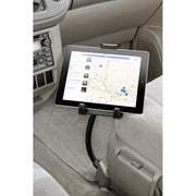 A Car or Truck Seat Rail or Floor Tablet Mount for iPad, Note, and more is attached to the passenger seat, positioning a tablet with a map for easy viewing from the front seats.