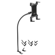 The Car or Truck Seat Rail Universal Slim-Grip® Tablet Mount with 28-inch gooseneck features a black flexible arm, adjustable clamp base, and interchangeable grips, shown with four extra grip attachments for versatile tablet holding.