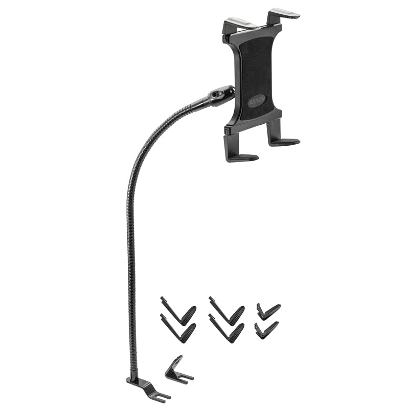 The Car or Truck Seat Rail Universal Slim-Grip® Tablet Mount with 28-inch gooseneck features a black flexible arm, adjustable clamp base, and interchangeable grips, shown with four extra grip attachments for versatile tablet holding.