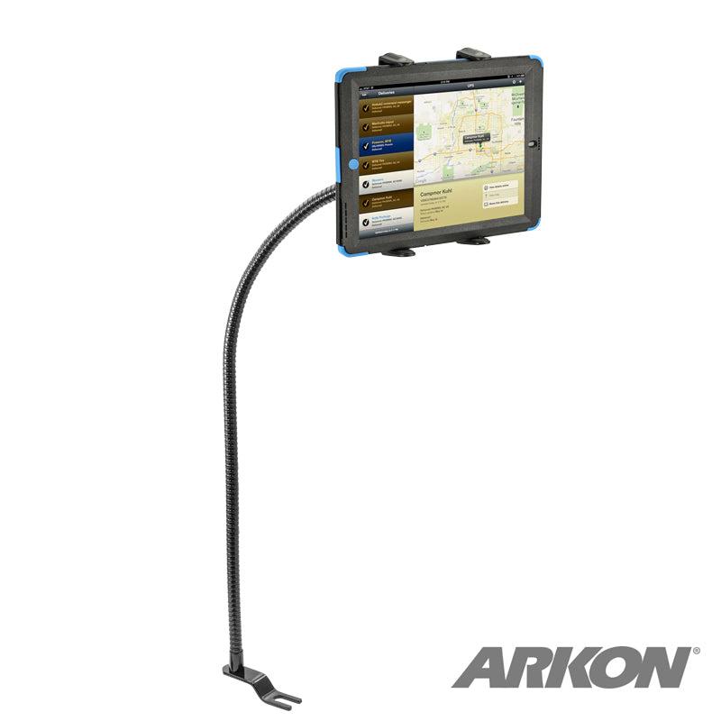 A Car or Truck Seat Rail Universal Slim-Grip® Tablet Mount with a 28-inch gooseneck securely holds a tablet upright on its base for navigation, with the ARKON logo in the bottom right corner highlighting its secure design.