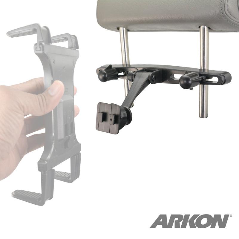 The Car Seat Headrest Mount Pedestal with Tiltable Arm - Dual T-Tab Compatible is shown attached to car seat metal rods, with a hand holding the universal mount on the left and the ARKON logo displayed at the bottom right.