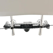 Close-up of a black and silver Car Seat Headrest Mount Pedestal with a tiltable arm, featuring arrow markings for positioning—compatible with dual T-Tab devices for versatile in-car mounting.