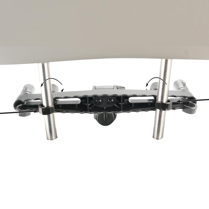 Close-up of a black and silver Car Seat Headrest Mount Pedestal with a tiltable arm, featuring arrow markings for positioning—compatible with dual T-Tab devices for versatile in-car mounting.