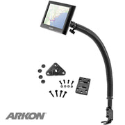 A Car Seat Rail or Floor Mount - 17mm Ball Compatible holds a GPS device with a flexible gooseneck, shown with mounting plates, screws, and hardware. The Arkon logo is displayed in the lower left corner.