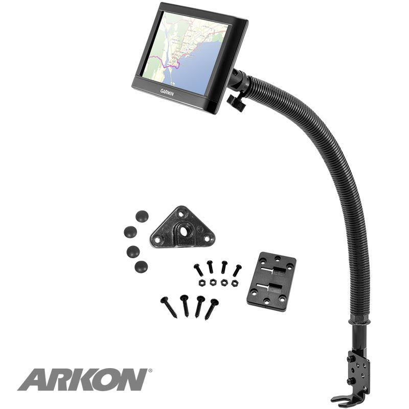 A Car Seat Rail or Floor Mount - 17mm Ball Compatible holds a GPS device with a flexible gooseneck, shown with mounting plates, screws, and hardware. The Arkon logo is displayed in the lower left corner.