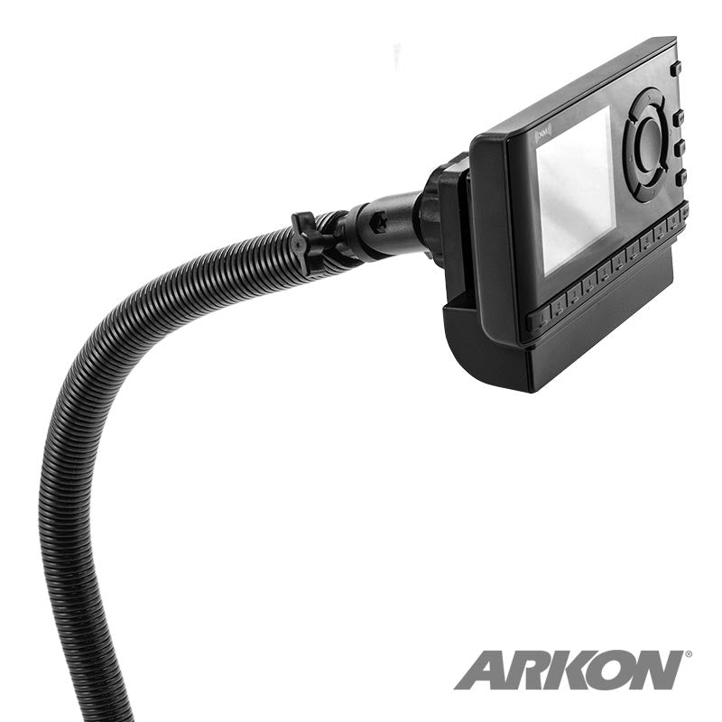 A close-up of a Car Seat Rail or Floor Mount with 15 Gooseneck for Sirius XM Satellite Radio, featuring the ARKON logo in the bottom right, and showing the radio’s screen and buttons attached to the flexible mount.