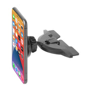 A smartphone is mounted on the CD Slot Phone Mount with Magnetic Holder, a black plastic car mount featuring an adjustable arm, securely displaying its home screen with app icons.