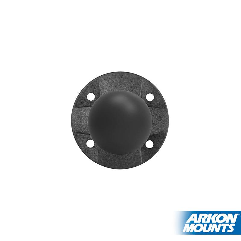 A Circular 38mm (1.5 inch) Ball to 4-Hole AMPS Adapter is shown from above on a white background, featuring a black round mounting base. The Arkon Mounts logo appears in the bottom right corner.