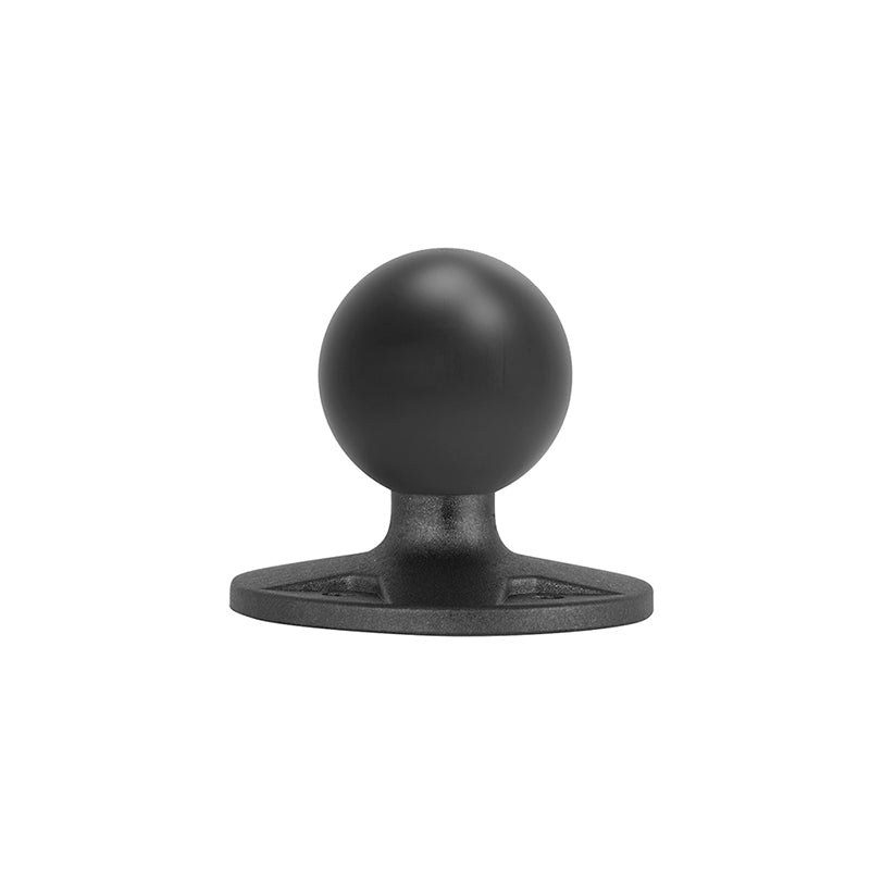 The Circular 38mm (1.5 inch) Ball to 4-Hole AMPS Adapter features a matte black, ball-shaped top on a flat, oval base with a 4-hole AMPS pattern, shown isolated on a white background.