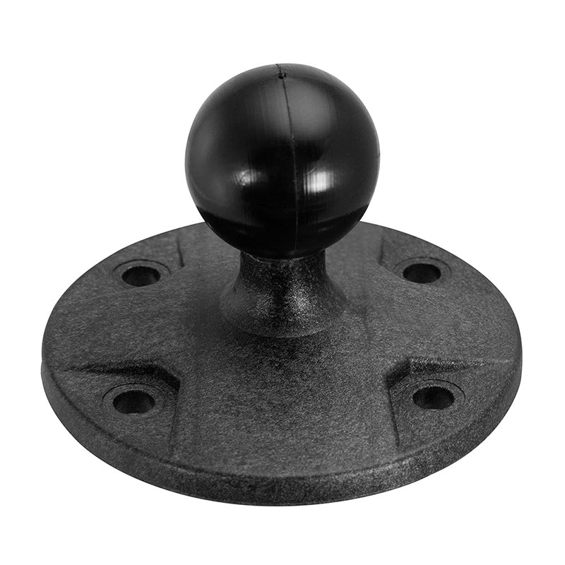 The Circular Plastic 25mm (1 inch) Ball to 4-Hole AMPS Adapter features a round base with four screw holes, ideal for mounting devices to flat surfaces using the standard 4-Hole AMPS pattern.