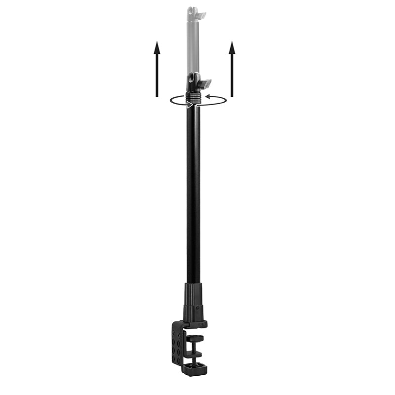 Adjustable black metal support rod with arrows showing upward and rotational movement; features the Clamp Base Upgrade—an optional clamp base for Pro Stand—at the base, making it ideal for overhead shots.