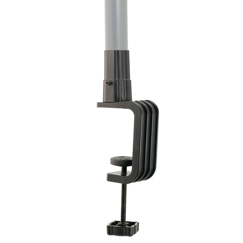 A Clamp for Converting Remarkable Creator™ Stands in black metal is attached to a vertical gray pole, featuring an adjustable screw to securely fasten the lightweight mount to various surfaces.