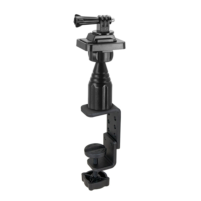 The Clamp Mount for GoPro HERO Action Cameras is a black, adjustable mount with a rotating ball joint and camera attachment, designed to secure action cameras to flat surfaces such as tables or desks.