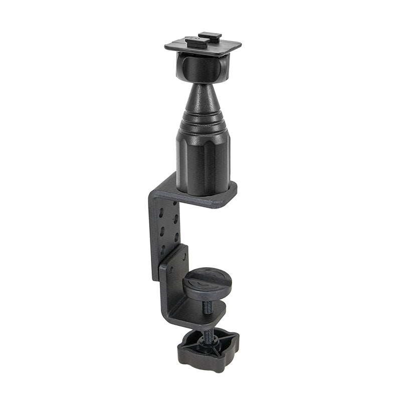 The Clamp Mounting Pedestal with Adjustable 4 Arm is a black metal desk mount featuring an adjustable C-clamp base and rotating ball head, ideal for securely attaching cameras or lights to the edge of a desk or table.