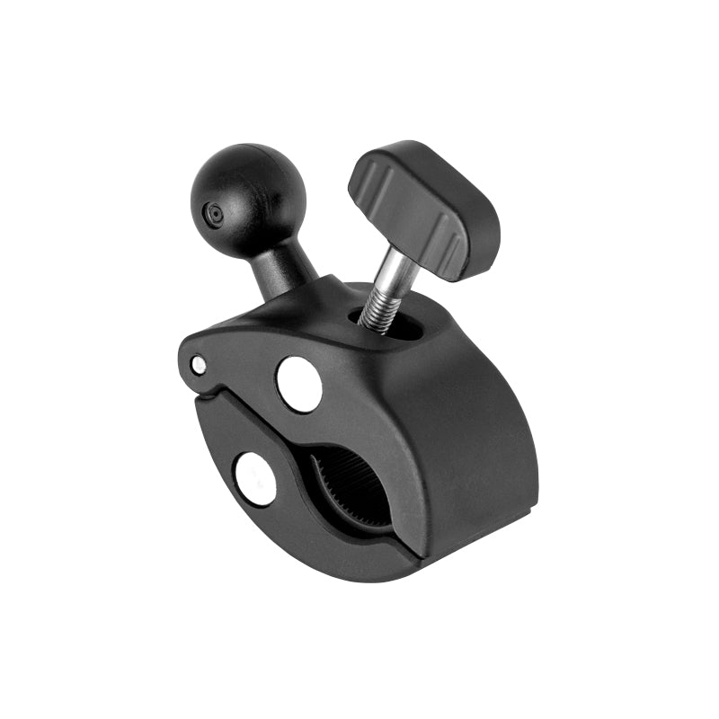 The Clamp Post Mount - 22mm Ball Compatible is a black metal mount with a tightening knob, ideal for attaching accessories or a tablet holder to handlebars or tubes.