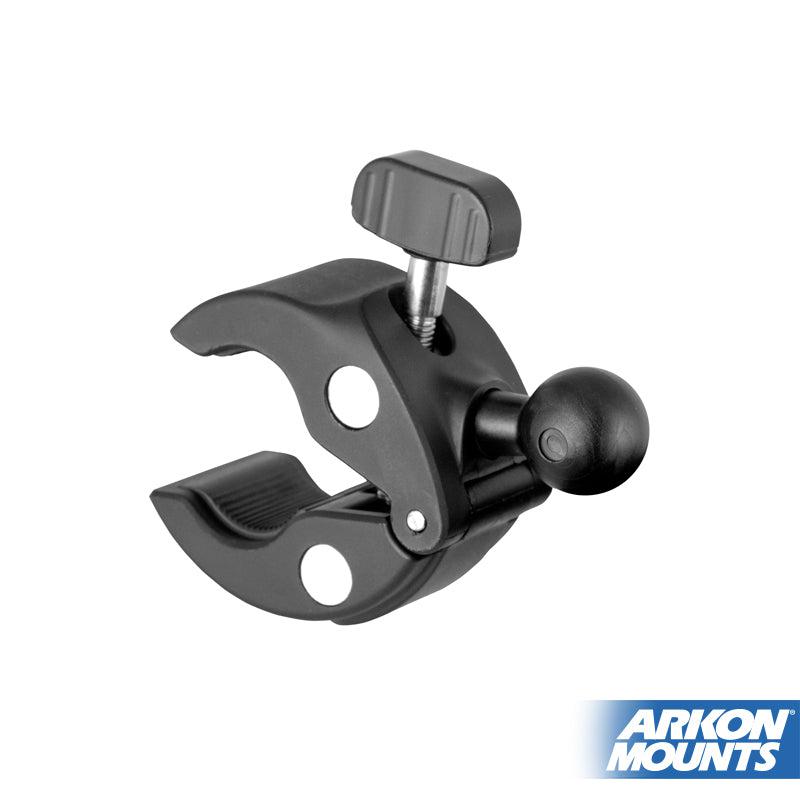 The Clamp Post Mount - 22mm Ball Compatible features a black mounting clamp with an adjustable screw and round attachment point for securing devices. Ideal as a Clamp Post Mount. ARKON MOUNTS logo appears in the bottom right corner.
