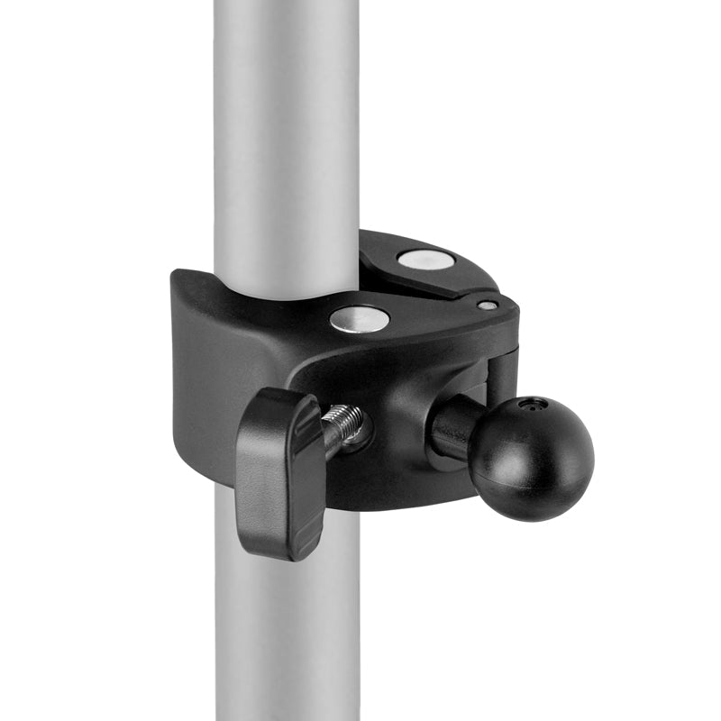 Close-up of the Clamp Post Mount - 22mm Ball Compatible in black, attached to a silver pole with an adjustable screw knob and a joint for 22mm ball accessories.