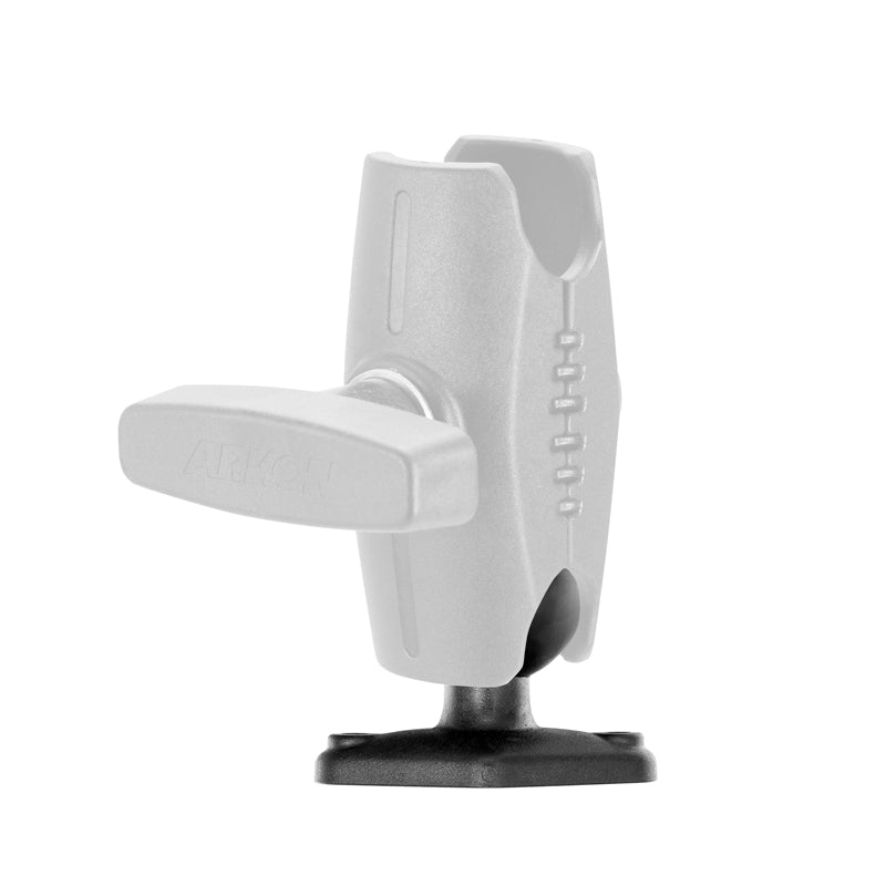 A gray and black adjustable mounting arm with base, side lever for tightening, and a top opening for device attachment. Compatible with RAM Mounts Size C adapter or the Diamond-Shaped 38mm (1.5 inch) Ball to 2-Hole AMPS Adapter.