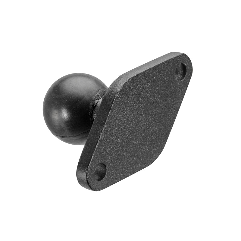 The Diamond-Shaped Metal 25mm (1 inch) Ball to 2-Hole AMPS Compatible Adapter features a black metal build with a rectangular base and two screw holes for mounting, shown against a white background.