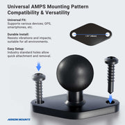 Circular Mounting Pattern with Diamond-Shaped Drill Base Mount includes a ball joint, two screws, and a hole-spacing diagram. Offers universal fit, durable and easy setup, flexible swivel AMPS mount. Arkon Mounts logo at lower left.