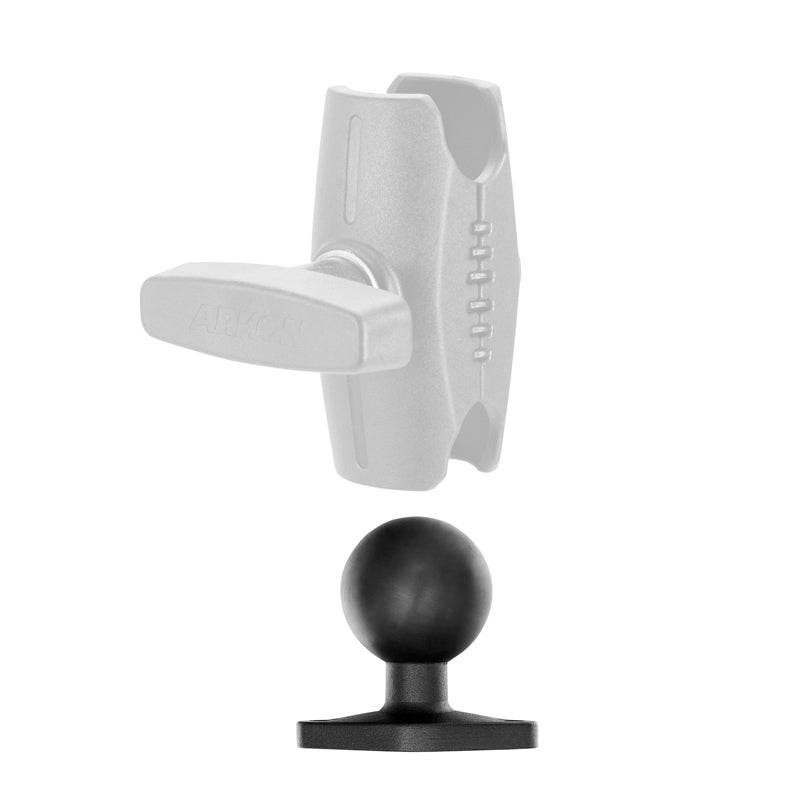 Diamond-Shaped Metal 38mm (1.5 inch) Ball to 2-Hole AMPS Compatible Adapter is shown separated from a semi-transparent gray clamp mount, highlighting the adapters square base and black ball design.