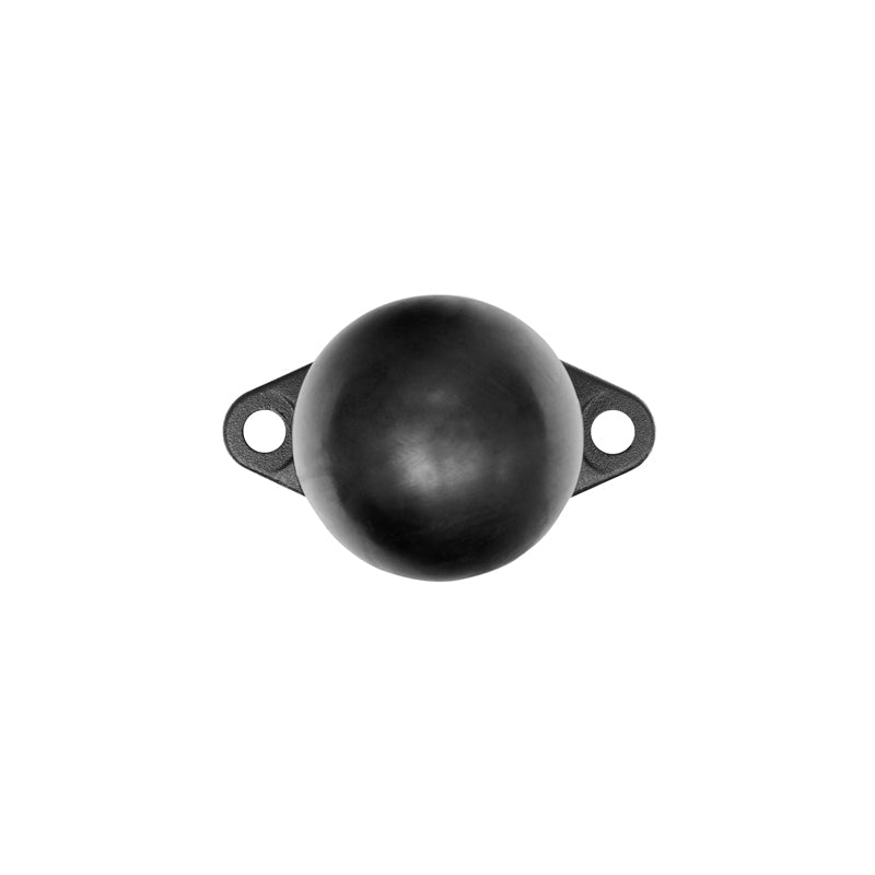 A black rubber bumper with a round dome and mounting flanges sits beside a Diamond-Shaped Metal 38mm (1.5 inch) Ball to 2-Hole AMPS Compatible Adapter on a white background.