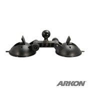 The black Double 80mm Windshield Suction Pedestal with 25mm Ball is a sturdy mounting solution, pictured on a white background with the ARKON logo in the bottom right corner.